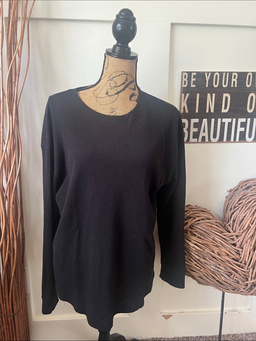 Time and Tru Black Waffle-Knit Crewneck Sweater